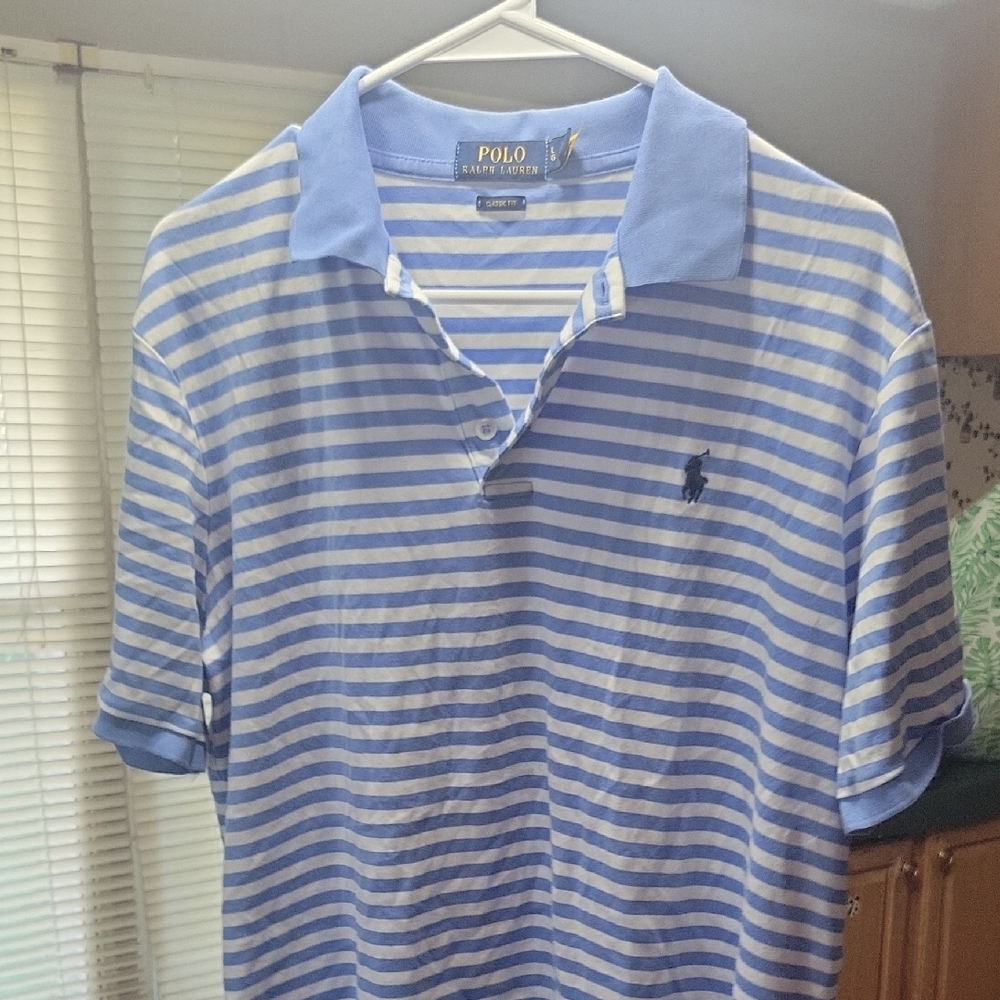 LARGE Polo by Ralph Lauren Men's Blue and White Striped Polo